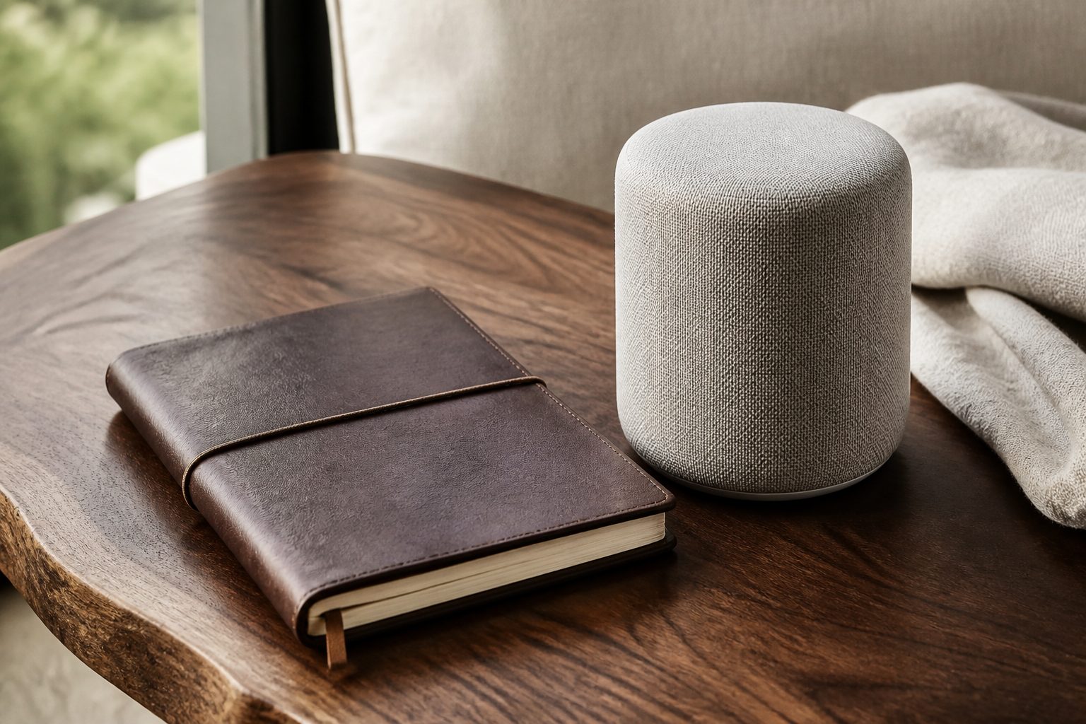 Notebook on wood grain next to a knit-covered cylinder
