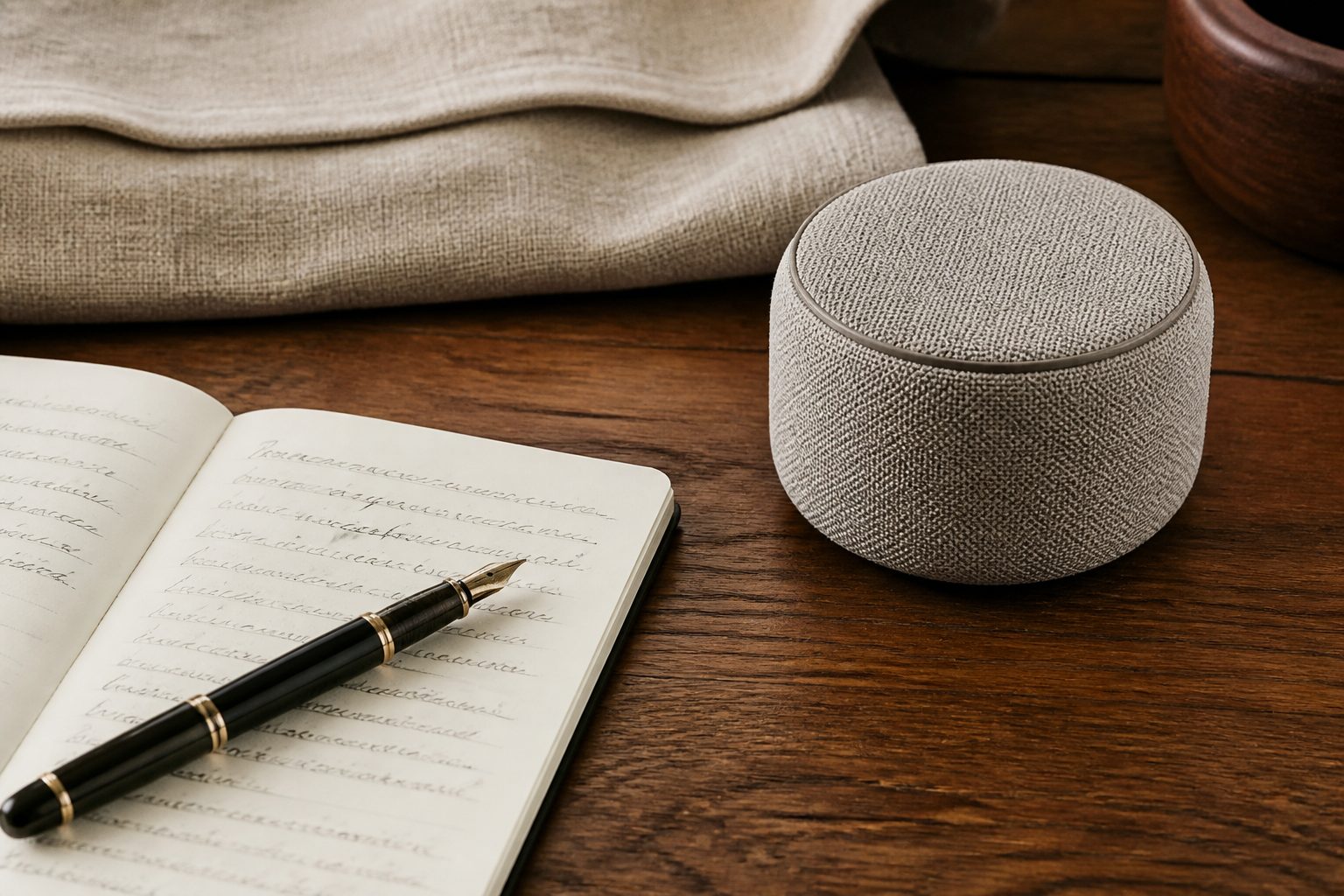 Open notebook, fountain pen, and knit-covered cylinder on a wood desk