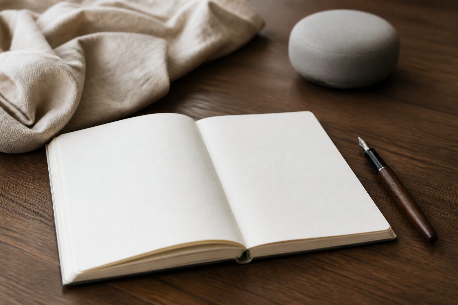 Open notebook and pen on a wood table, knit-covered cylinder at the edge